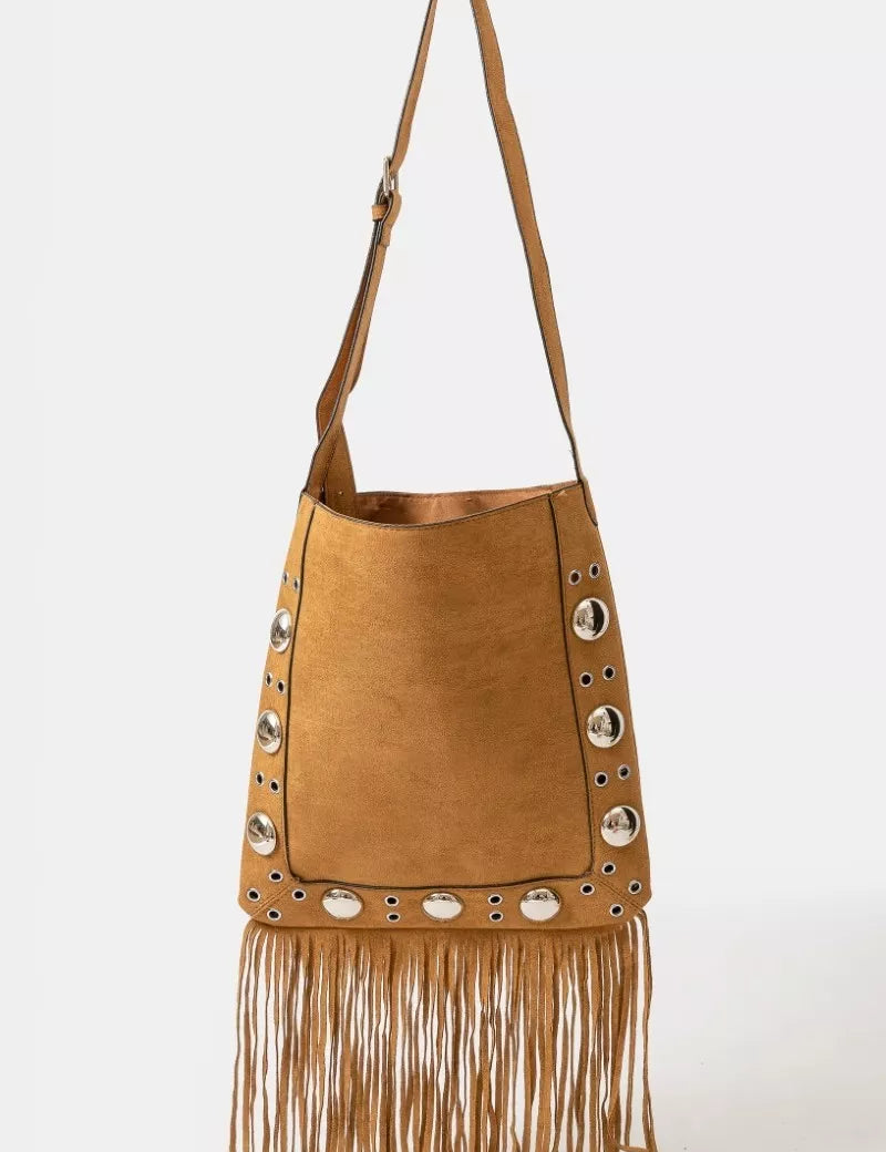 Faux Suede Grommet Accent Fringe Tote Bag Light Brown | Handbags Daverri Fashions