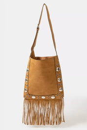 Faux Suede Grommet Accent Fringe Tote Bag Light Brown | Handbags Daverri Fashions