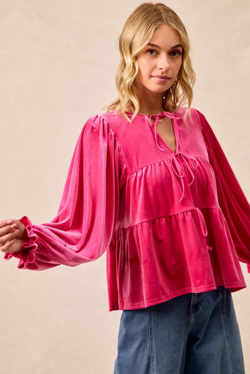 BiBi Christmas Theme Velvet Bow Tied Blouse | Blouses Daverri Fashions