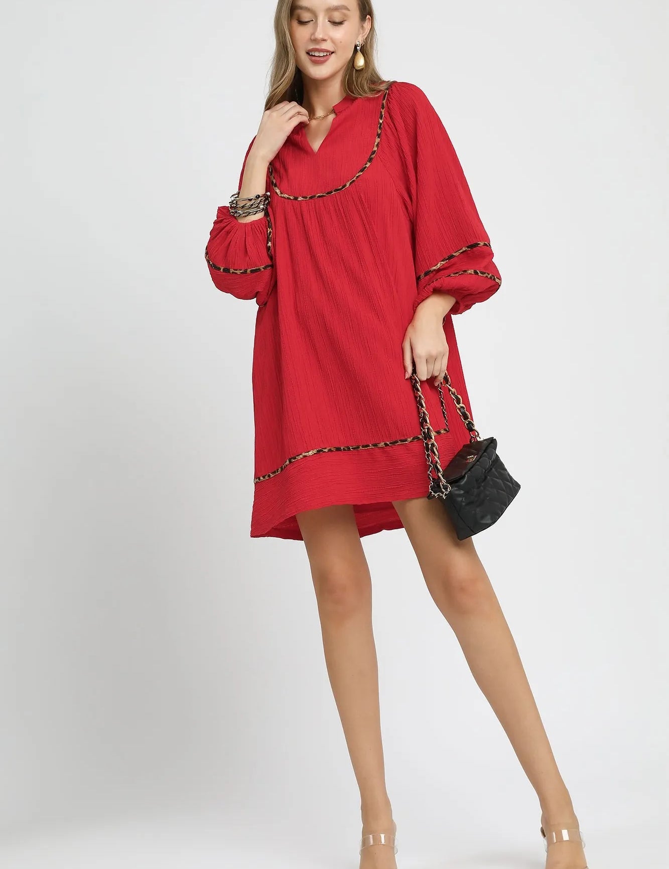 Umgee Textured Babydoll Dress with Leopard Trim | Daverri Fashions