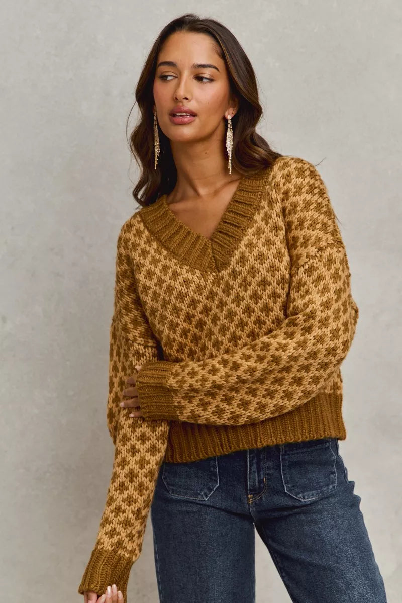 SO ME Color Block Textured Christmas Sweater V Neck Top | Sweaters Daverri Fashions