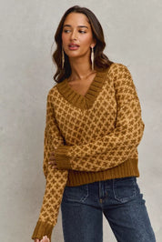 SO ME Color Block Textured Christmas Sweater V Neck Top | Sweaters Daverri Fashions
