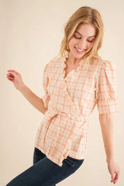 And The Why Plaid Patterned and Ruffled Wrap Blouse Top | Daverri Fashions