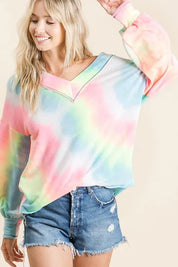 PINK MULTI BiBi Tie Dye French Terry V-Neck Top with Puff Sleeves | Tops Daverri Fashions