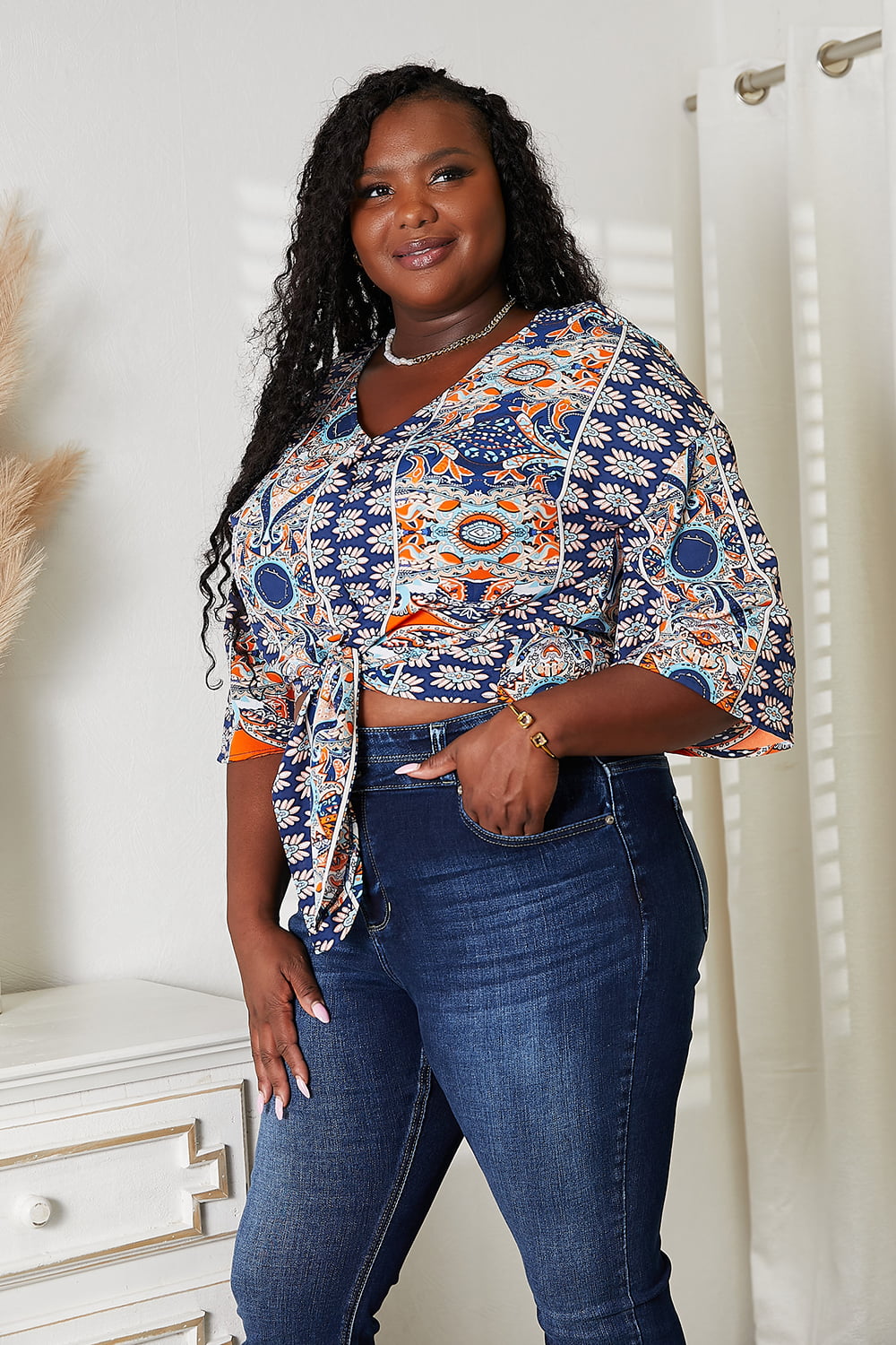 Tie Hem V-Neck Three-Quarter Sleeve Blouse | Daverri Fashions