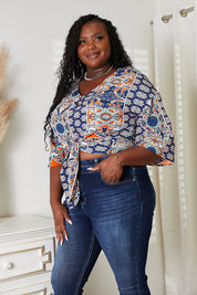 Tie Hem V-Neck Three-Quarter Sleeve Blouse | Daverri Fashions