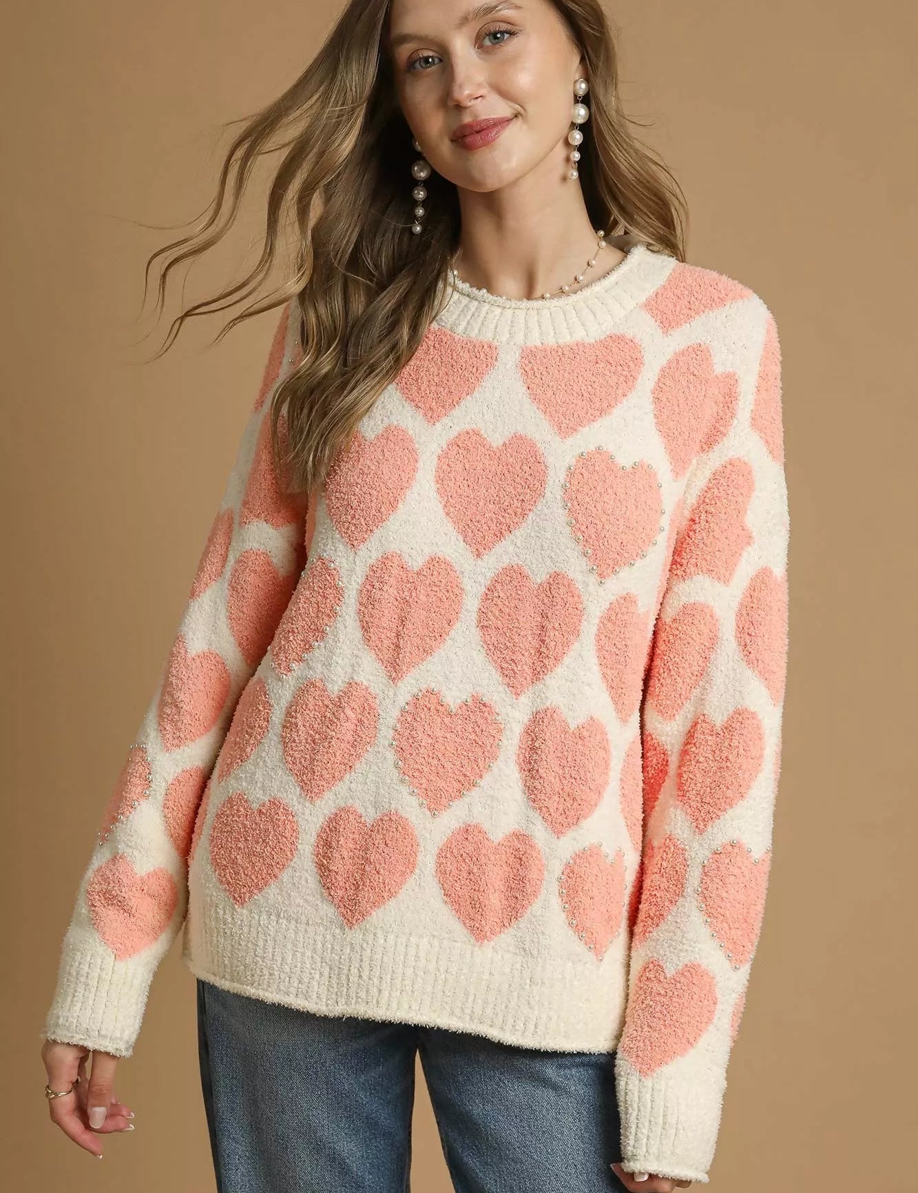 CREAM MIX Umgee Mix Heart Pattern Pearl Accent Sweater | Sweaters Daverri Fashions
