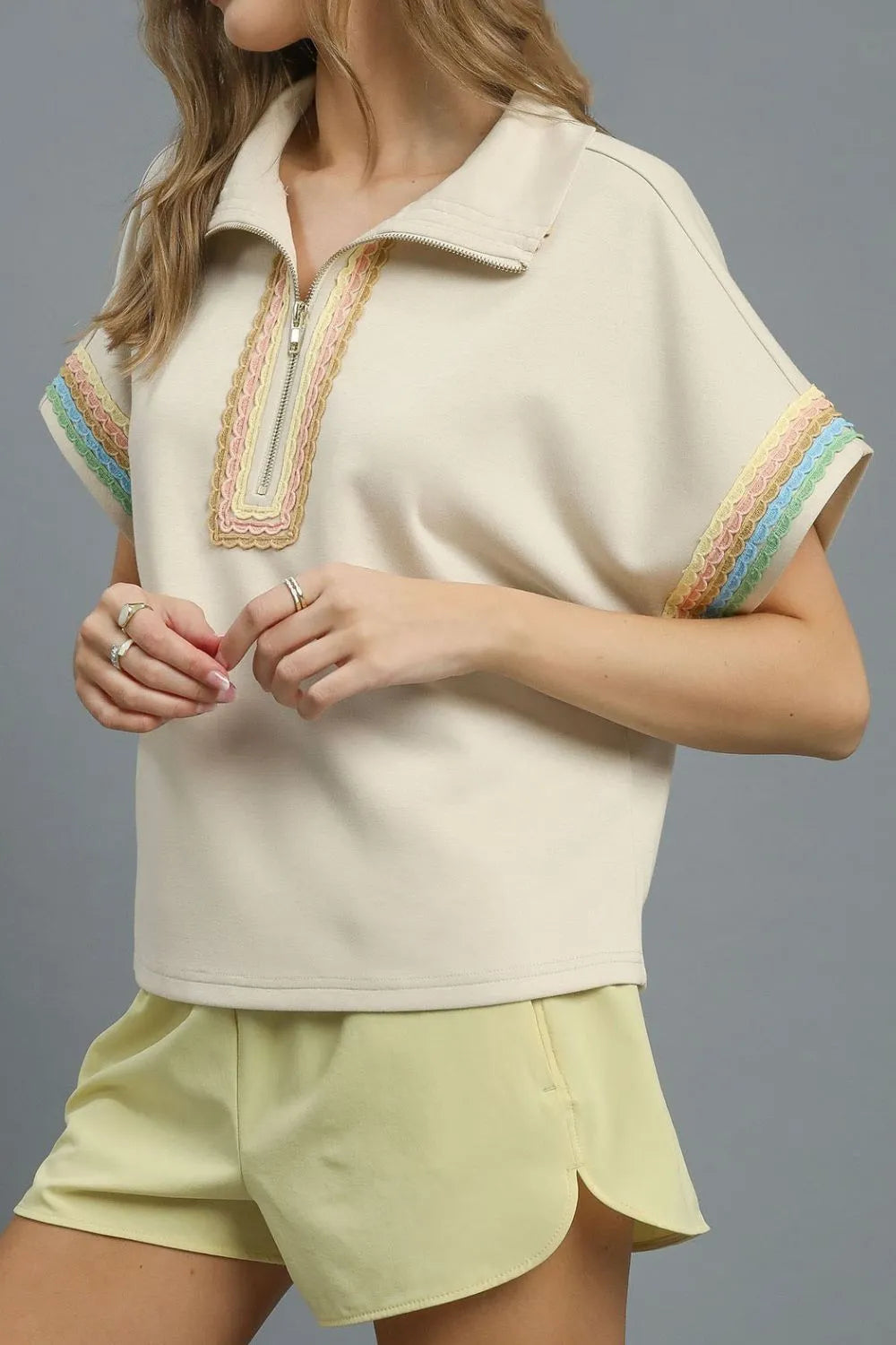 Umgee Contrast Trim Half Zip Collared Blouse | Blouses Daverri Fashions