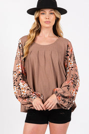 SAGE + FIG Floral Long Sleeve Front Pleated Detail Blouse | Blouses Daverri Fashions