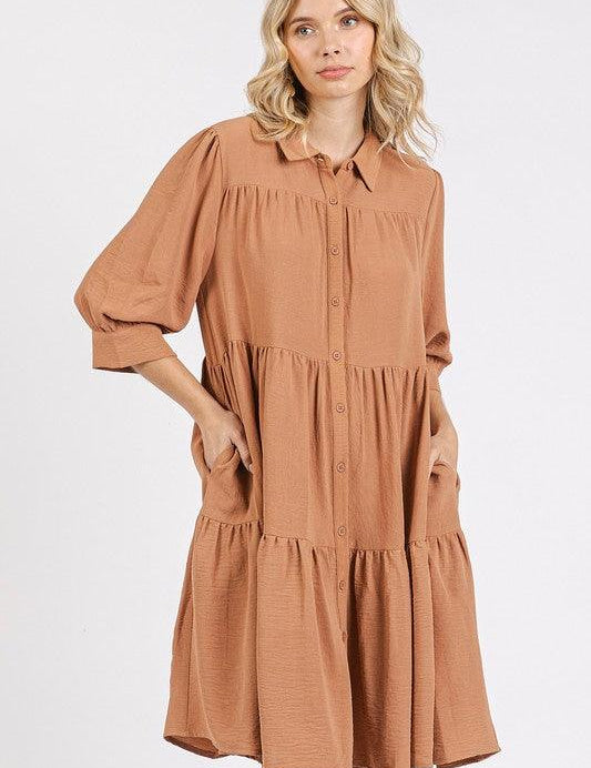 Ochre S Mittoshop Button Detail Collared Neck Tiered Shirt Dress | Daverri Fashions