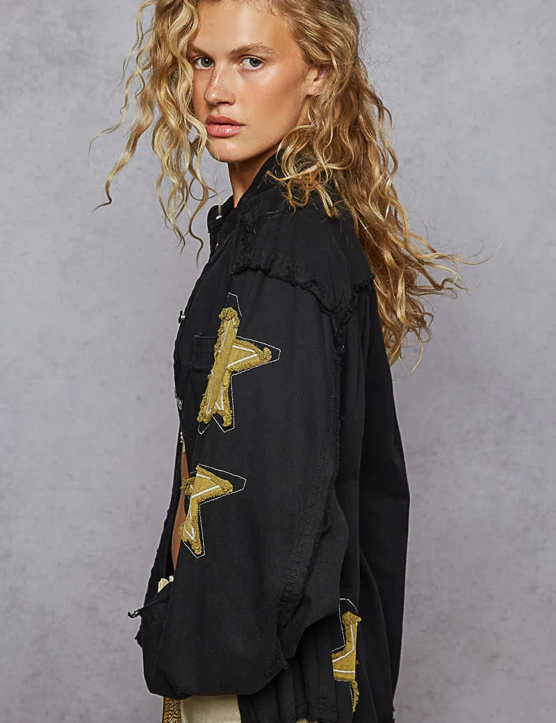 POL Star Patch Raw Hem Button Up Denim Jacket | Denim Jackets Daverri Fashions
