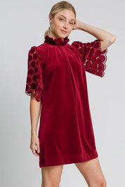 Umgee Dotted Lace Half Sleeve Mock Neck Back Tie Velvet Dress | Mini Dreses Daverri Fashions