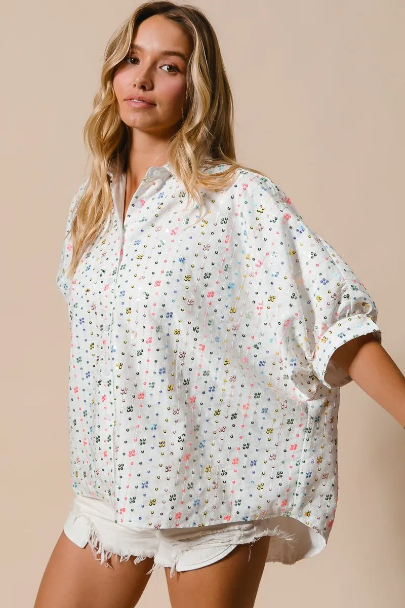OFF WHITE BiBi Sequin Striped Short Dolman Sleeve Blouse | Daverri Fashions