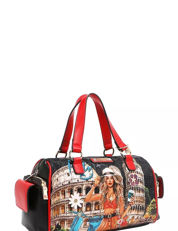 Martha Travels Italy Wide Handbag with Rhinestones | Handbags Daverri Fashions