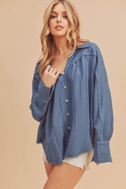 Dusty Blue Aemi + Co Raw Hem Button Down Raglan Sleeve Shirt | Shirts Daverri Fashions