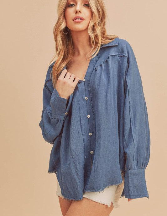 Dusty Blue Aemi + Co Raw Hem Button Down Raglan Sleeve Shirt | Shirts Daverri Fashions
