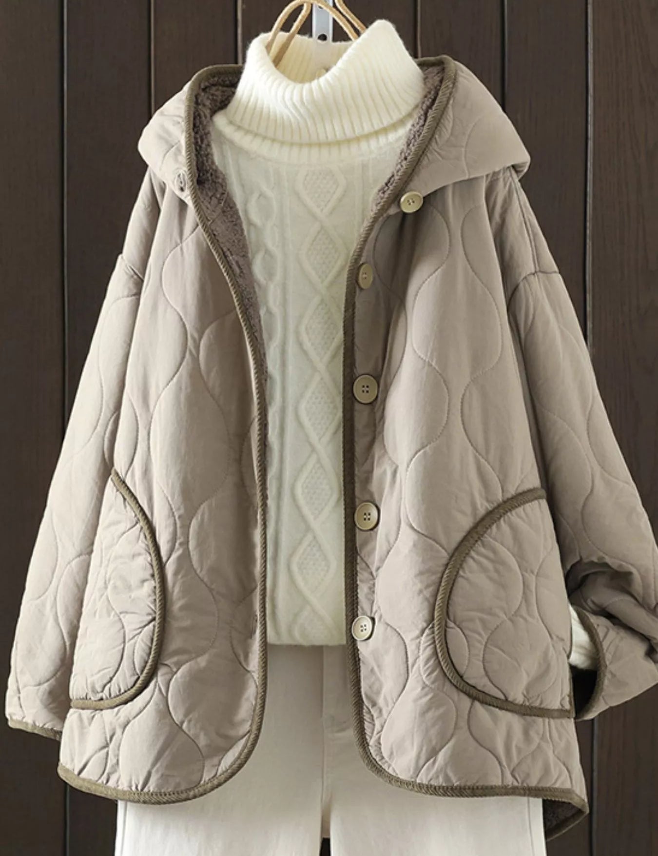 Taupe Quilted Hooded Sherpa Lined Jacket | Jackets Daverri Fashions