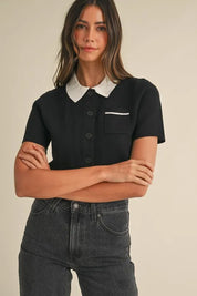 Black MABLE Button Down Contrast Collared Knit Cardigan | Daverri Fashions