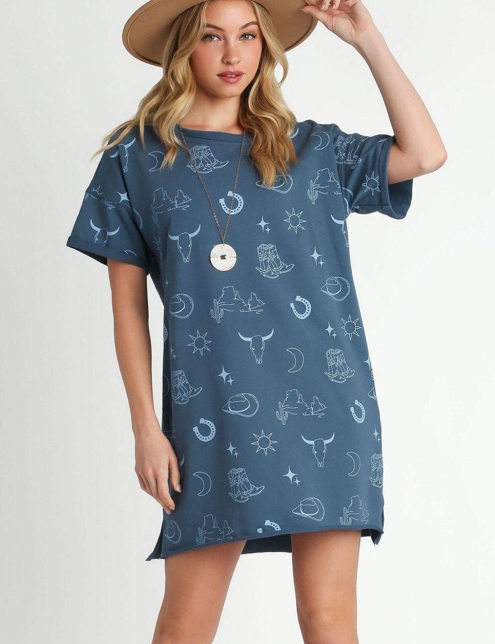 Peacock Blue Umgee Full Size French Terry Short Sleeve Round Neck Dress | Mini Dresses Daverri Fashions