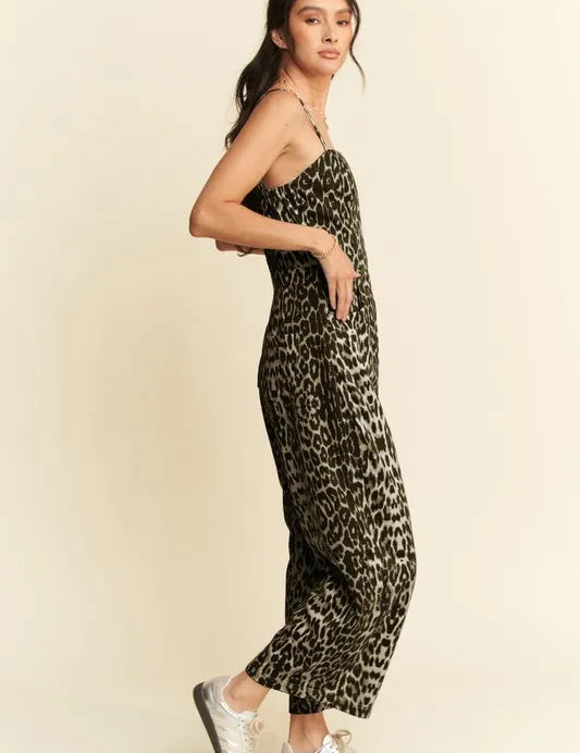 Davi & Dani Leopard Spaghetti Straps Wide Leg Jumpsuit | Jumpsuits Daverri Fashions