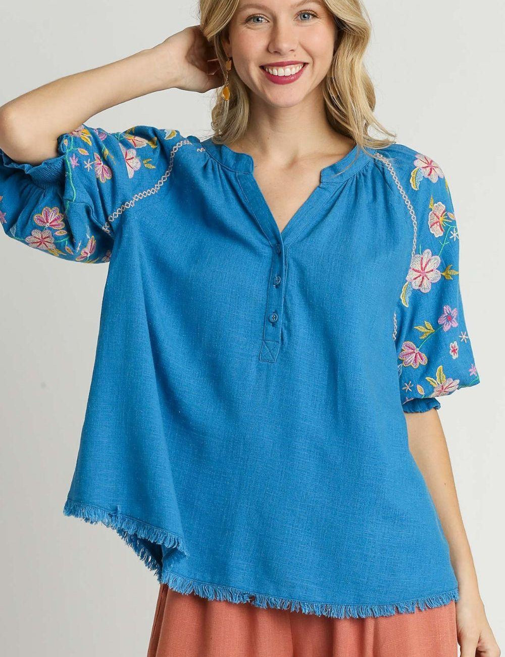Cerulean Umgee Full Size Half Button Top with Embroidery Sleeves | Tops Daverri Fashions