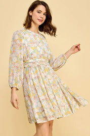 Lime 'N' Chili Chiffon Floral Print Belted Dress with Back Zipper | Daverri Fashions