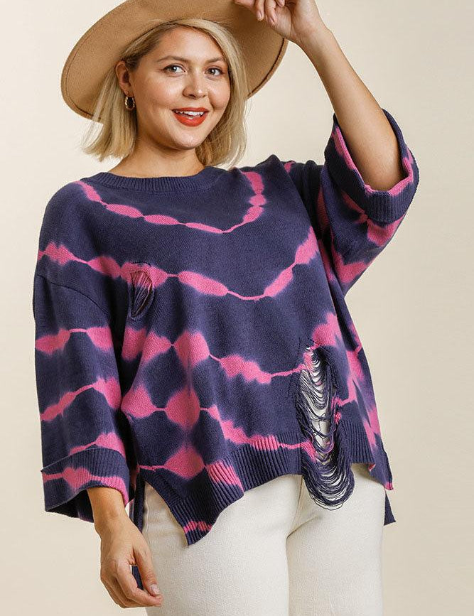 Umgee Tie Dye Side Slit Round Neck Distressed Detail Sweater | Sweaters Daverri Fashions