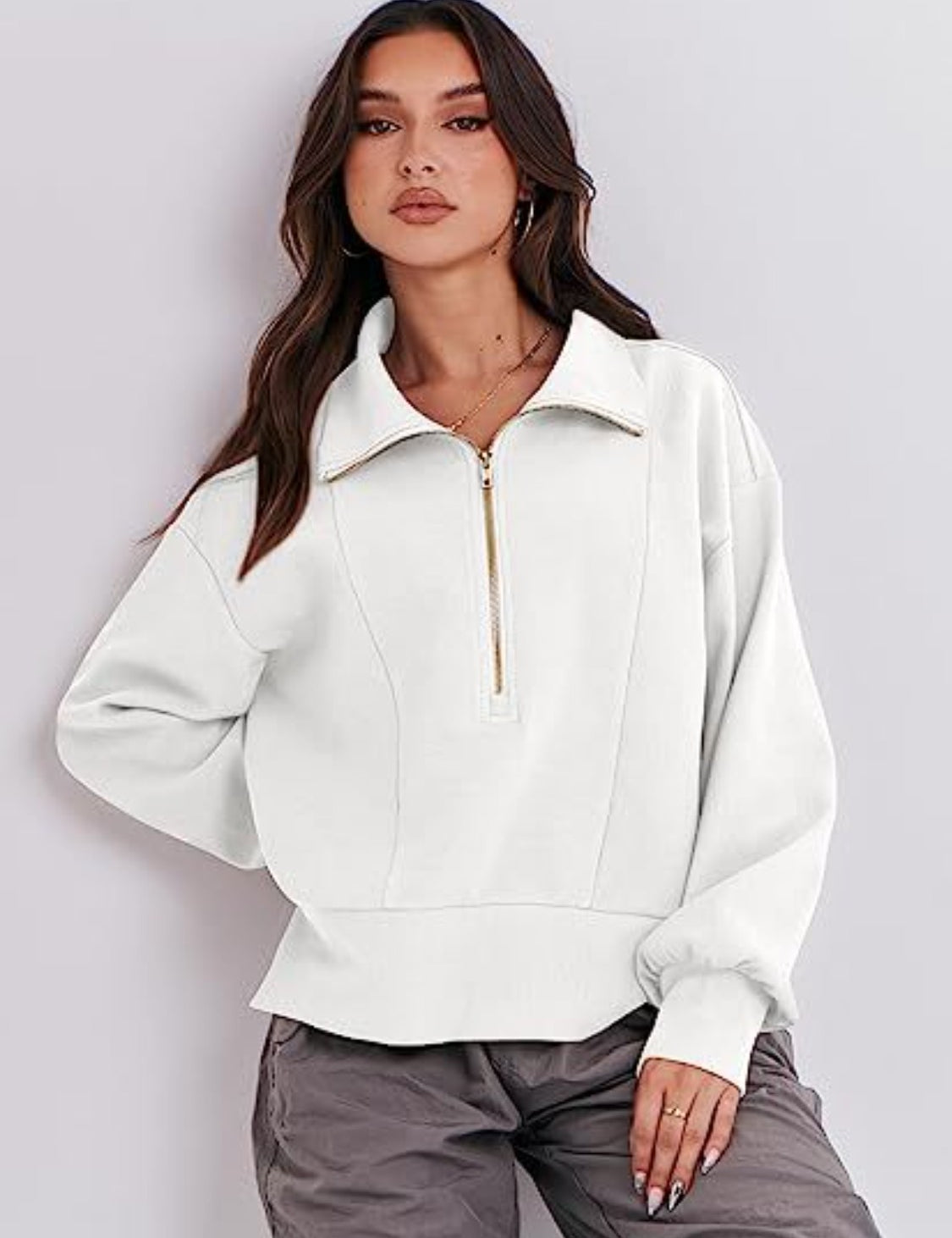 White Half Zip Up Collared Sweatshirt | Sweatshirts Daverri Fashions