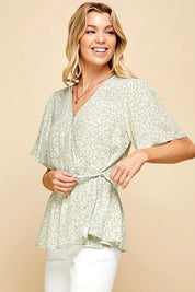 Lime 'N' Chili Ditsy Print V-Neck Short Sleeve Wrap Blouse | Daverri Fashions