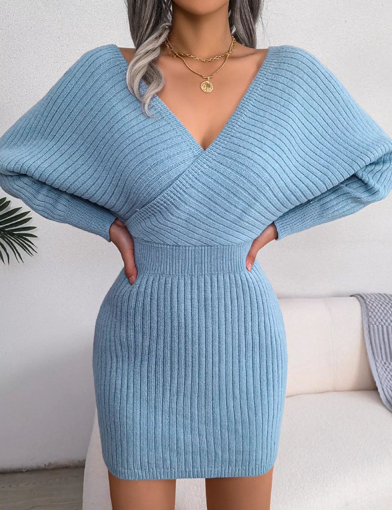Surplice Long Sleeve Sweater Dress | Mini Dresses Daverri Fashions