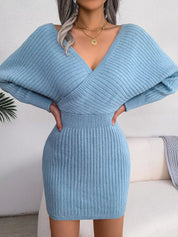 Surplice Long Sleeve Sweater Dress | Mini Dresses Daverri Fashions