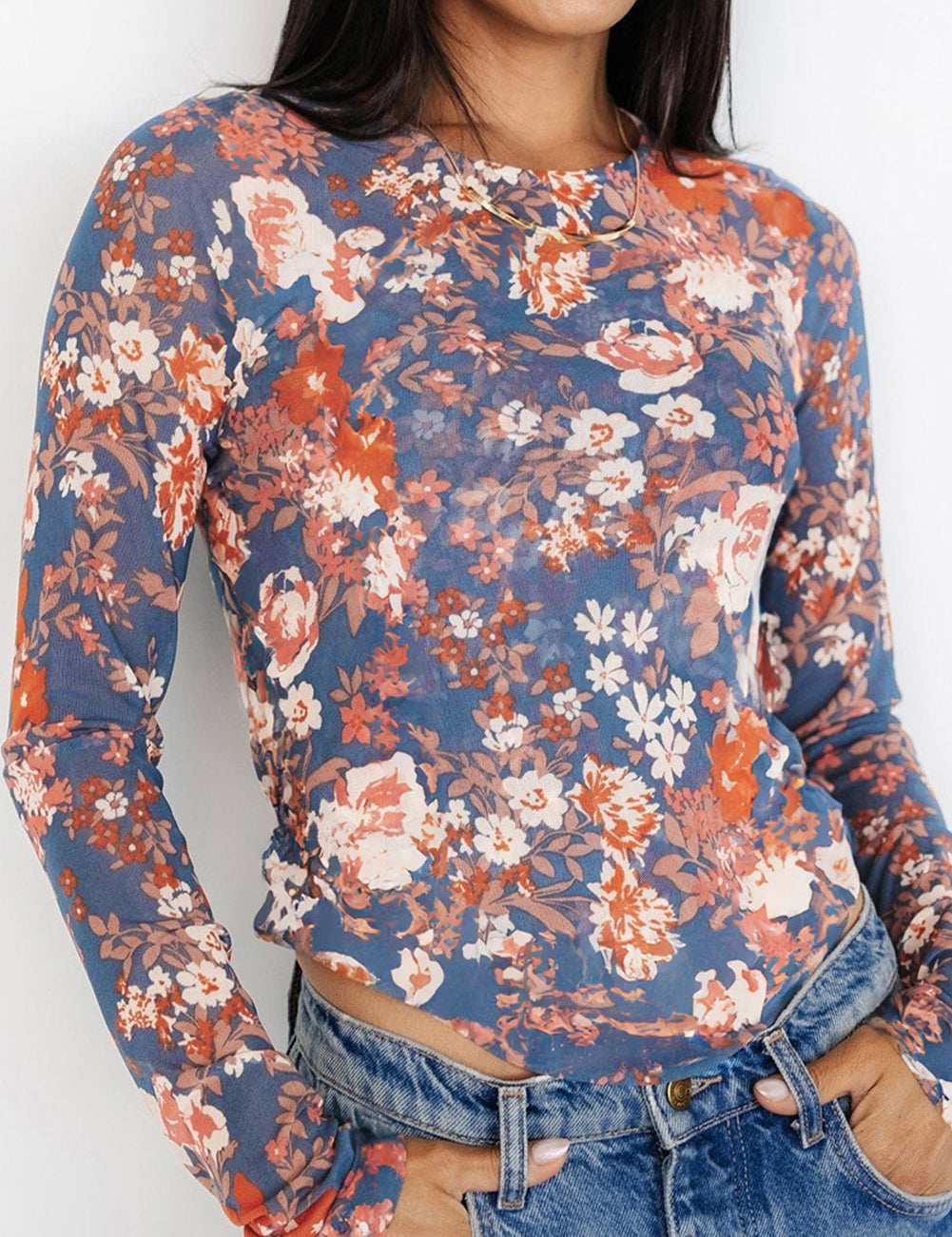 Orchid Petal 95%Polyester+5%Elastane Floral Print Mesh Fitted Long Sleeve Top | Tops Daverri Fashions