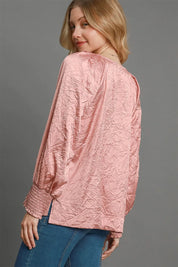 Umgee Wrinkled Round Neck Lantern Sleeve Blouse | Daverri Fashions