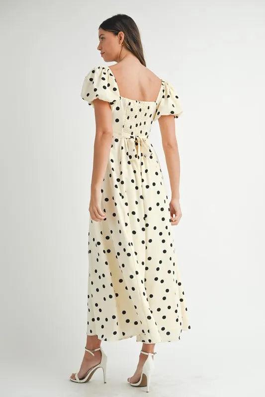 MABLE Polka Dot Puff Sleeve Midi Dress | Daverri Fashions