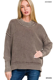 BROWN Zenana Washed Side Slit Oversized Sweater | Daverri Fashions