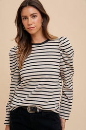 Black Annie Wear Striped Round Neck Puff Sleeve French Terry Top | Tops Daverri Fashions