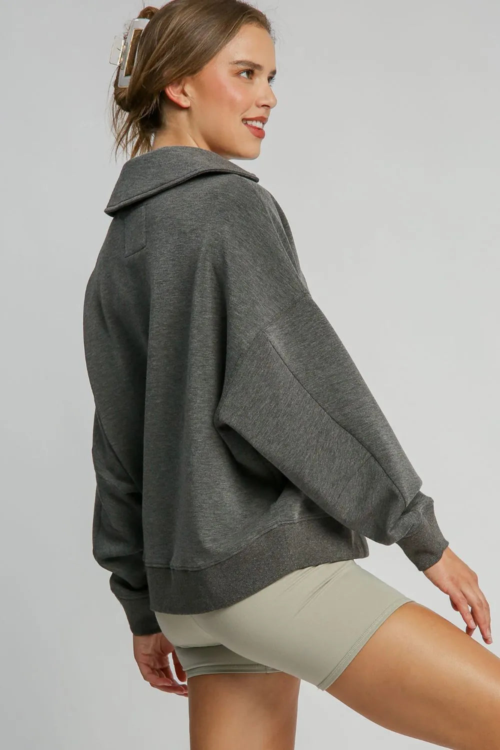 Umgee Johnny Collar Dropped Shoulder Sweatshirt | Daverri Fashions