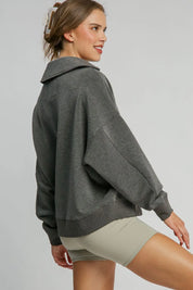 Umgee Johnny Collar Dropped Shoulder Sweatshirt | Daverri Fashions