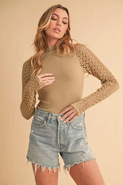 Aemi+Co Mock Neck Ribbed Knit Top with Crochet Sleeve | Tops Daverri Fashions