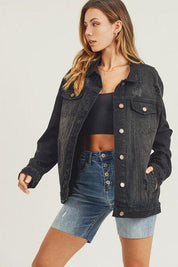 RISEN Full Size Distressed Long Sleeve Denim Jacket | Daverri Fashions