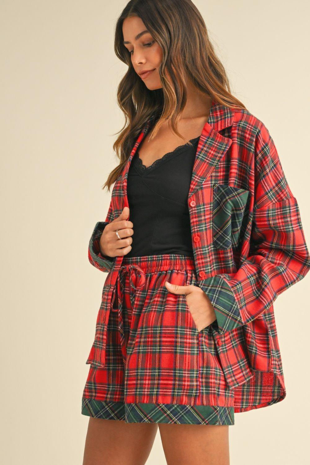 Annie Wear Contrast Plaid Long Sleeve Top and Shorts Set | Outfit Sets Daverri Fashions