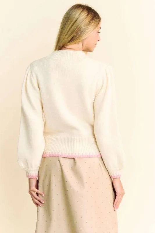 Davi & Dani Flower Patch Fuzzy Mock Neck Sweater | Sweaters Daverri Fashions