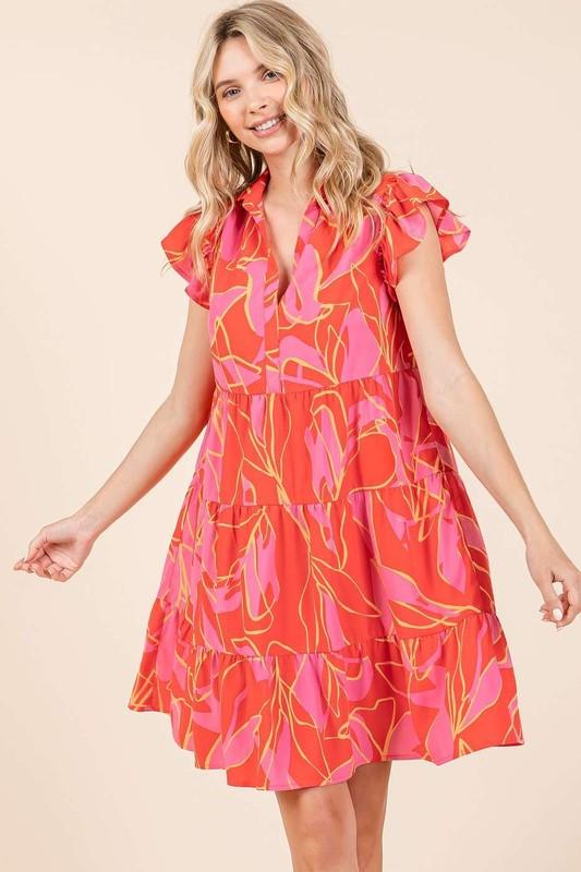 Mittoshop Leaf Print Ruffle Sleeve Tiered Mini Dress | Mini Dresses Daverri Fashions