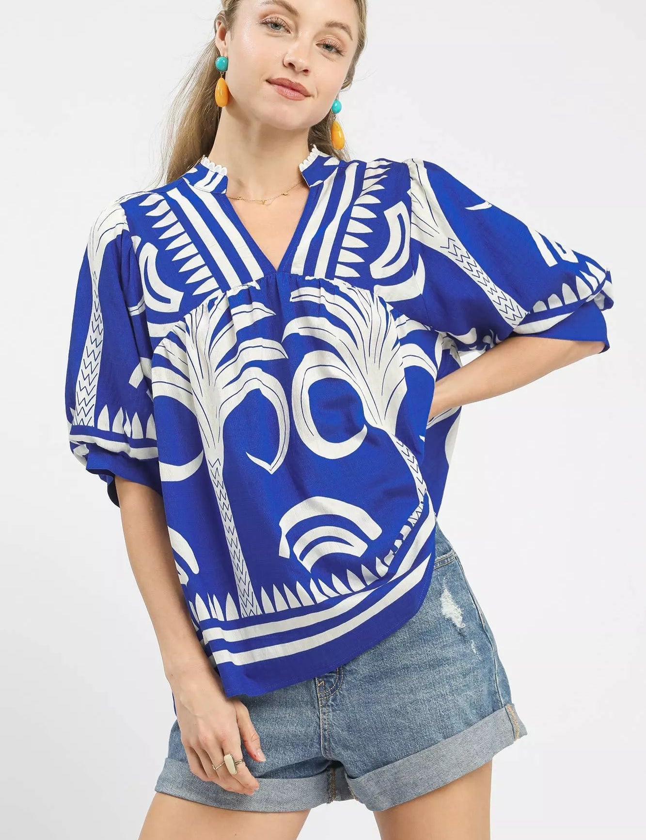 OCEAN Umgee Folk Art Palm Print Puff Sleeve Blouse | Blouses Daverri Fashions