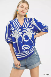 OCEAN Umgee Folk Art Palm Print Puff Sleeve Blouse | Blouses Daverri Fashions