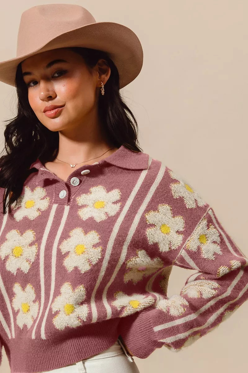 SO ME Floral Stripe Polo Collar Sweater | Sweaters Daverri Fashions