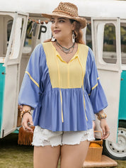 Plus Size Ruched Tie Neck Balloon Sleeve Blouse | Blouses Daverri Fashions