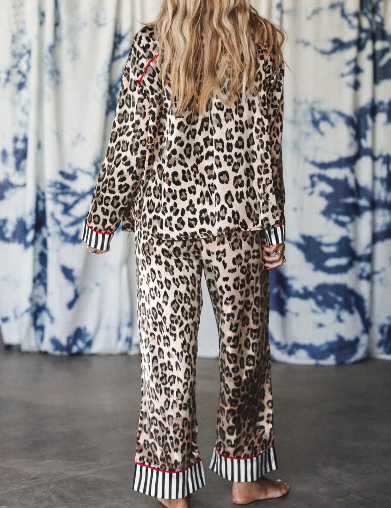 Leopard and Striped Trim Shirt and Pants Set | Loungewear Sets Daverri Fashions