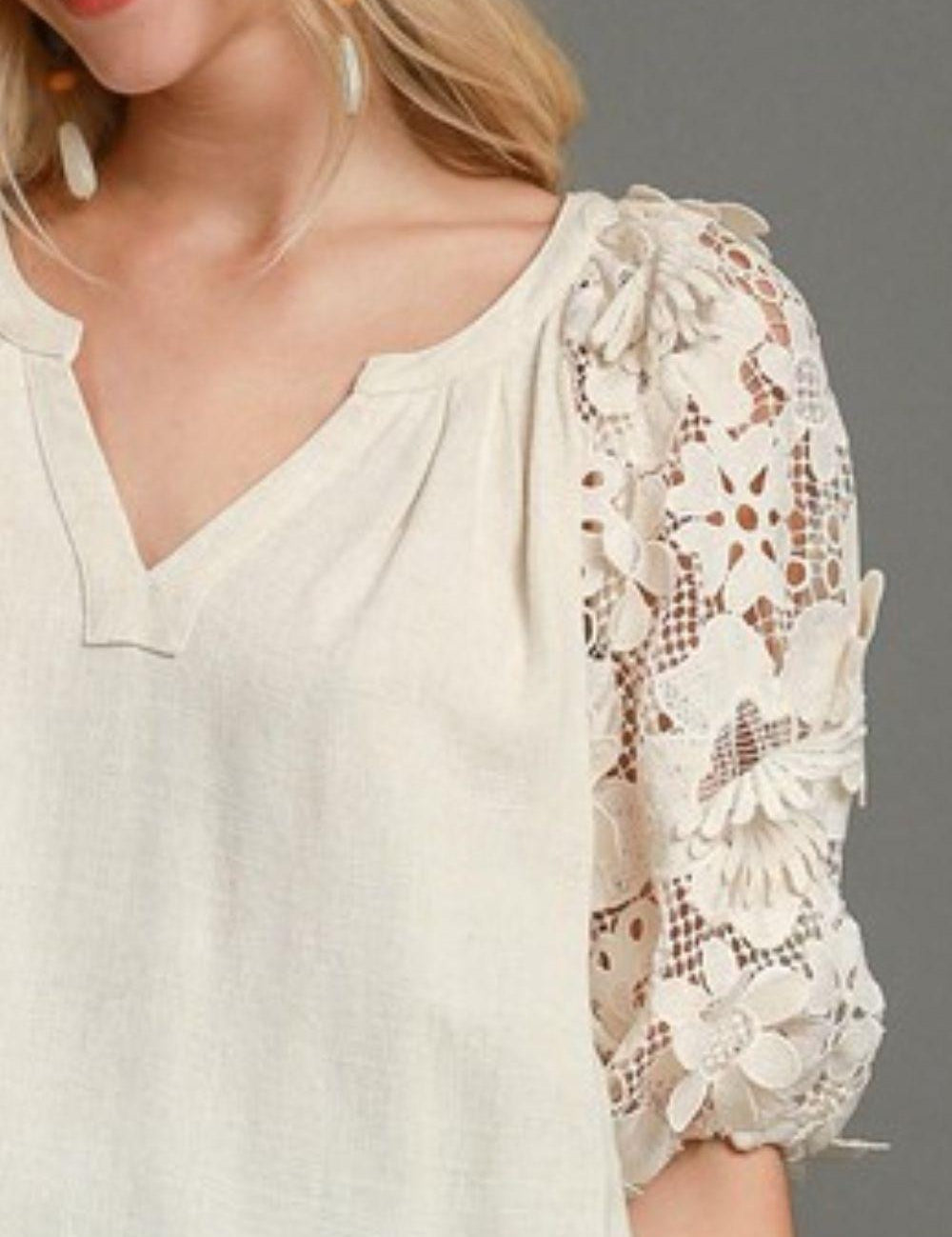 Umgee Full Size French Terry Boxy Cut Top with 3D Floral Sleeve | Blouses Daverri Fashions