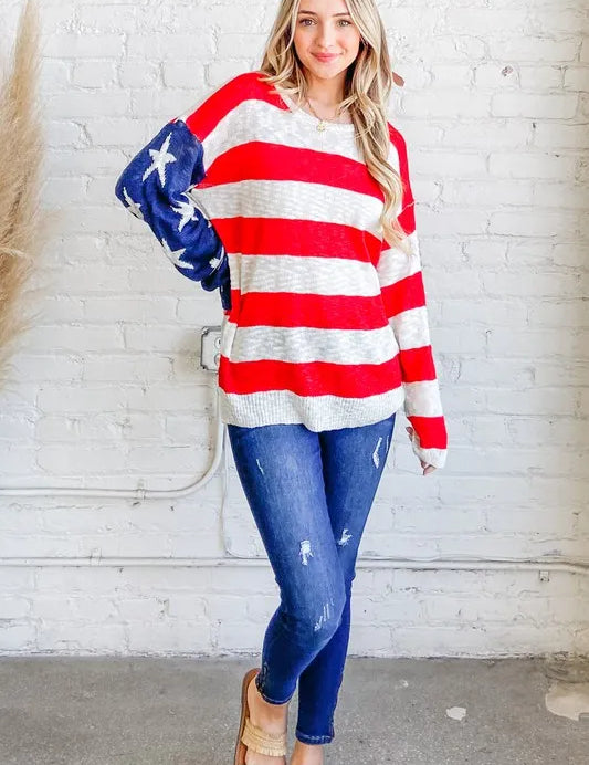 RED NAVY And The Why American Flag Long Sleeve Sweater | Sweaters Daverri Fashions